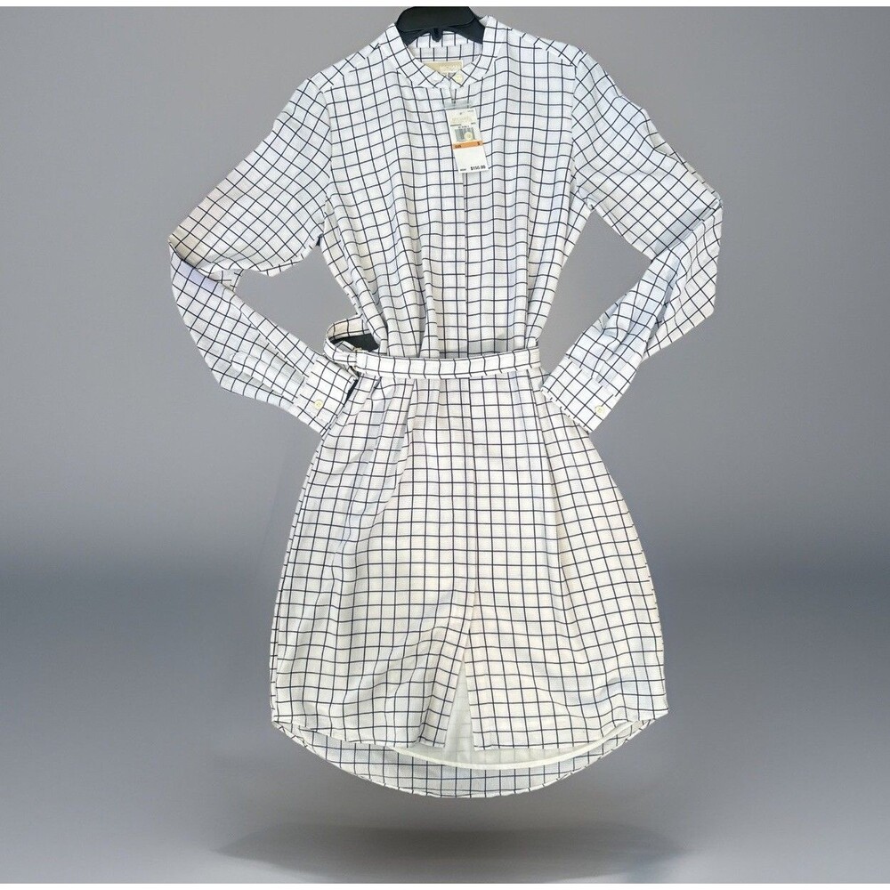 Michael Kors Button Dress Wrap T-shirt Checkered Preppy Down Crepe Tie $155 MSRP